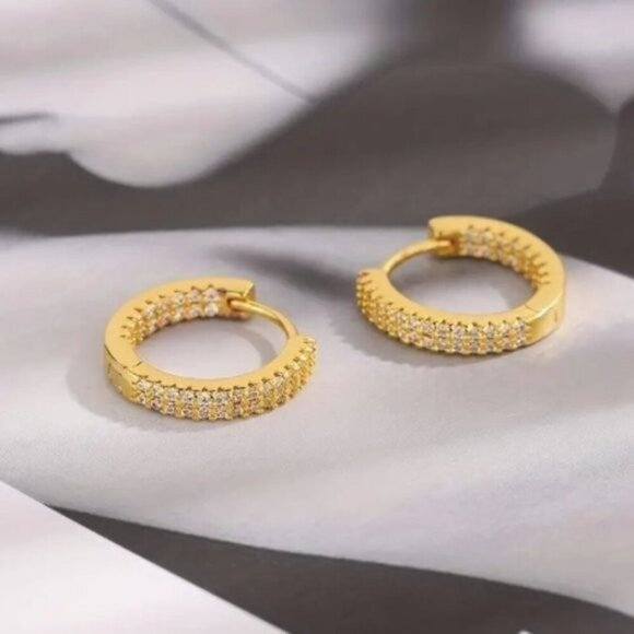 24k Gold Plated Sterling Silver Diamond Hoop Earrings - Picture 3 of 10